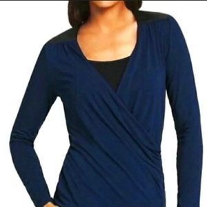 CAbi Midnight Paris Blue, Fax Leather Shoulders, Wrap Long Sleeve Blouse Size M